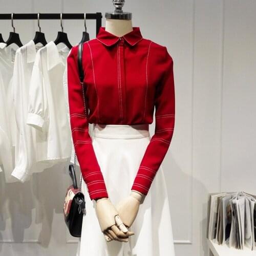 Red Chiffon Women Shirts Summer New Turn-Down Collar Long-Sleeved Office Lady Elegant Outwear Tops
