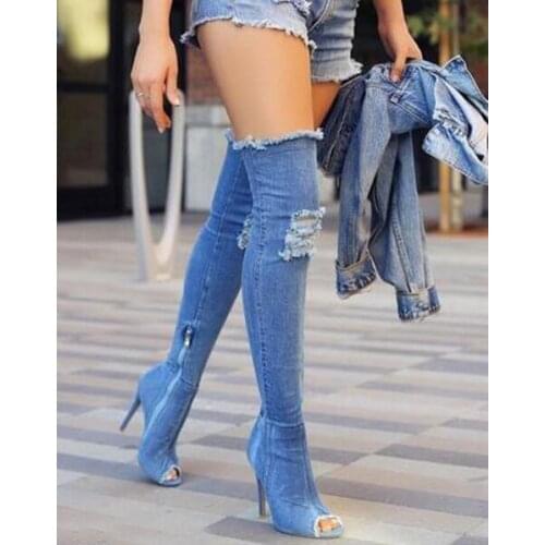 Women Long Denim Boots Over-the-Knee Boots Denim Slip-On Peep Toe Thin Heels Thigh Heels Boots for Women
