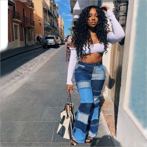 2021 Autumn New Ladies Jeans Trend Fashion Stitching High Waist Womens Casual Hip Hip Fashion Denim Flared Trousers WS150
