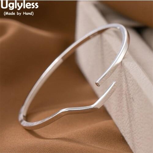 Uglyless 2MM Thick Solid 999 Full Silver Thin Bangles for Women Irregular Curved Bangle Glossy Silver Minimalist Fashion Jewelry