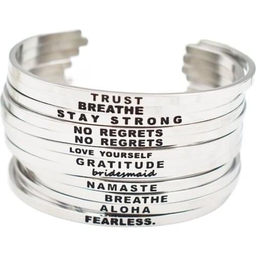 1PC Quote Cuff Bangle 316L Stainless Steel Open Bangle Silver Women Female Inspirational Cuff Bangle