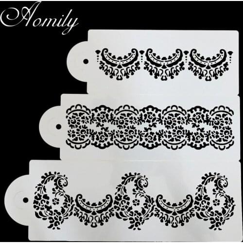Aomily 3pcs/Set Art Cake Stencil Damask Lace Border Birthday Cake Side Cupcake Wedding Party Sugar Craft Decoration Baking Tool