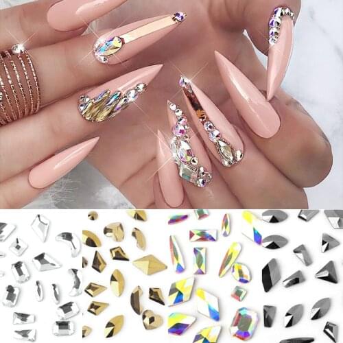BNG 50pcs Nail Art Mix Rhinestones Flat Crystal AB Shaped Teardrop Heart Rectangle Glass Stone 3D Nails Decoration Black Golden