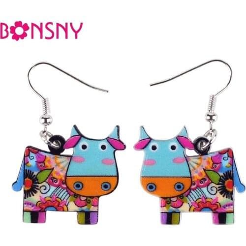Bonsny Drop Cow Earrings Acrylic Pattern Long Danlge Earrings Cute Animal New 2016 Fashion Jewelry For Women Accessories