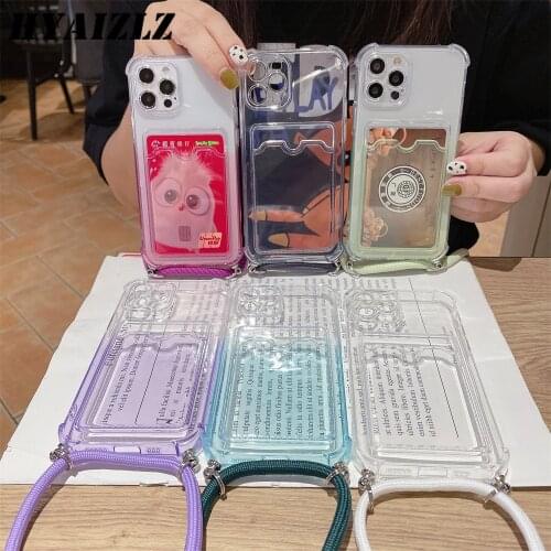 Phone Case with Lanyard Chain for iPhone 12 11 Pro Max XS XR SE 2020 7 8 Plus Clear Soft Shockproof Card Holder Gradient Cover
