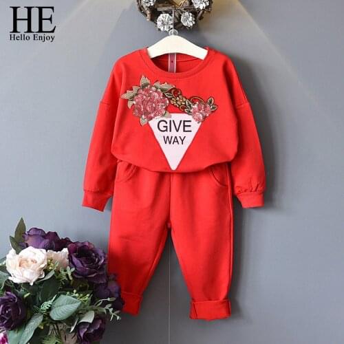 HE Hello Enjoy Girls Clothing Sets Fashion Kids Children Clothes Embroidery Sequins Sweatshirt+Pant Casual Suit Autumn Tracksuit