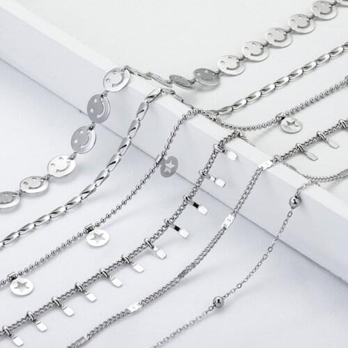 HUIET Stainless Steel Smiley Chains Cuban Link Chain Star Necklace Clip Oval Jewelry Beads Bracelet DIY Handmade Friend Gifts