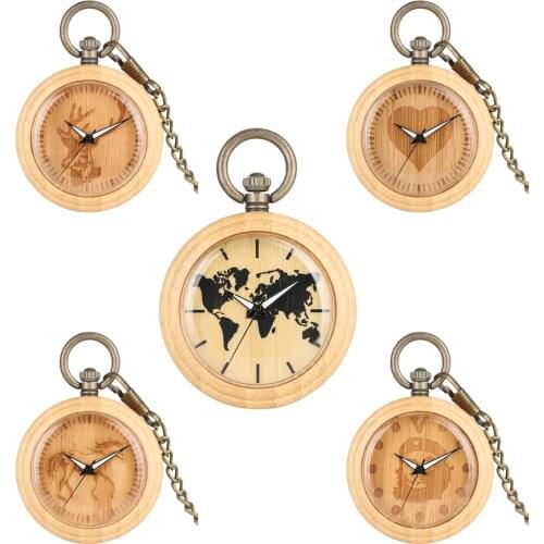 Pocket Watch Pattern Dial Bamboo Pocket Watch Rough Chain Pendant Watch for Women Men Clock on the chain