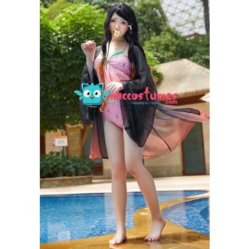 Kimetsu no Yaiba Nezuko Kamado Halter Top and Shorts Two-Piece Swimming Suit Bathing Suit Beach Swimsuit Outfit Cosplay Costume