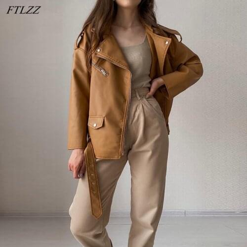 FTLZZ Spring Autumn Women Brown Faux Leather Jacket Moto Biker Punk Style PU Coat Casual Loose Locomotive Outwear with Belt