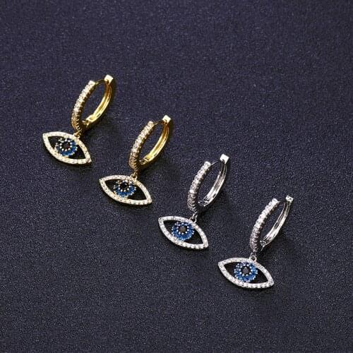 Fashion Gold Color tiger Eye Hoop Earrings Top Quality Blue Crystal Eye Earrings For Women Man Korean shiny Jewelry