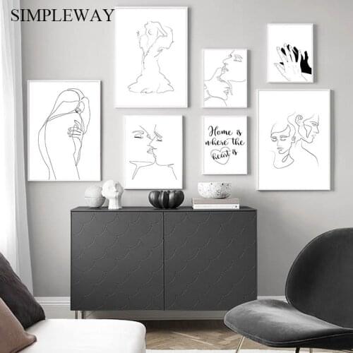 Line Drawing Couple Kiss Abstract Poster Wall Art Canvas Print Black White Nordic Painting Decorative Picture Modern Home Decor