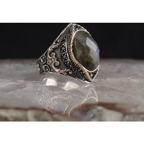 Labradorite 925 Silver Engraved Traditional Handmade Turkish Signet Ring Jewelry Gift for Women Men