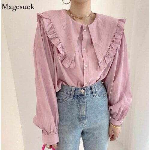 Turn-down Collar Plaid Loose Womens Shirt Autumn New Ruffles Single-breasted Vintage Woman Blouses Long Sleeve Women Tops 16027