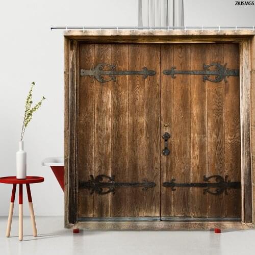 Vintage Old Wooden Door Shower Curtains Set Farm Retro Style Garden Wall Cloth Bathroom Polyester Bath Curtain Home Decor Hooks