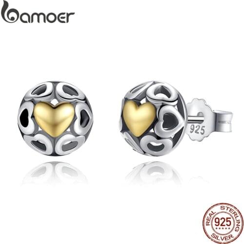 BAMOER Brincos 925 Sterling Silver My One True Love Stud Earrings for Women Openwork Heart Earrings Fine Jewelry PAS443