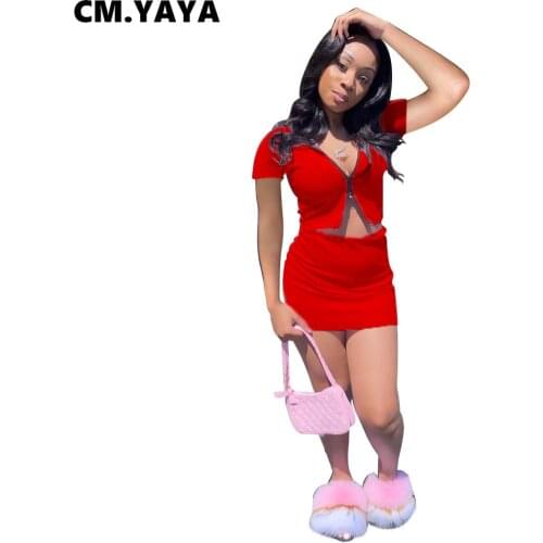 CM.YAYA Women Set Solid Zipper Short Sleeve Crop Tops Mini Skirts Two 2 Piece Sets Sexy Fashion Tracksuit Summer Outfits 2021