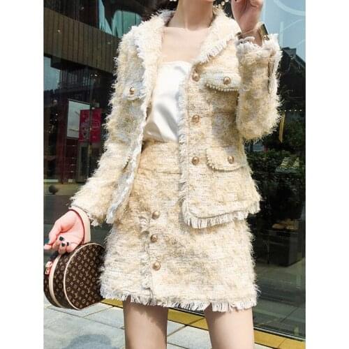 High Quality Runway 2019 Autumn Womens 2 Piece Skirt Sets Tweed Jacket Coat + Slim Bodycon Mini Skirts Two Piece Set
