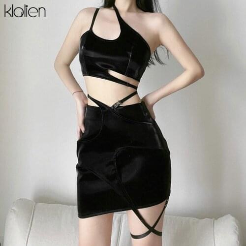 KLALIEN Women Summer High Street Cool Gothic Black PU Leather Two Piece Skirt Set 2021 New Simple Slim Zipper Skirt Set Female