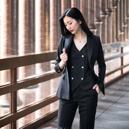 Brand New 2019 Spring Autumn Women Black 3 Pieces Pants Sets Blazer + Vest + Ankle Length Pants Office Lady Work Suits Set Y222