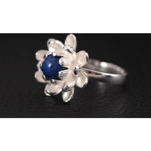 Ring 925 Sterling Silver Lapis Lazuli Lotus Flower Open Rings For Women High Quality Lady Freshwater Pearls jewelry
