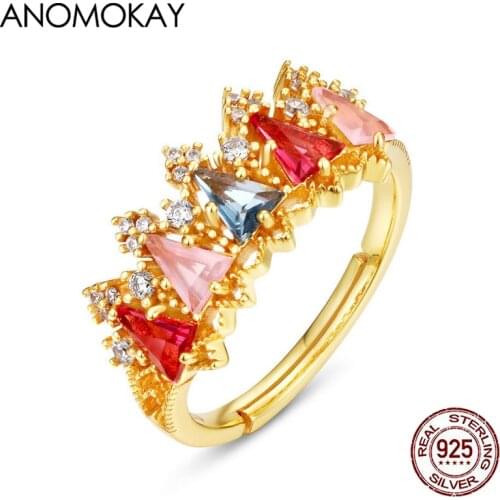 Anomokay Luxury Multicolor Triangle Crystal Gold Color Crown Rings for Women Girl Genuine 925 Sterling Silver Free Size Ring
