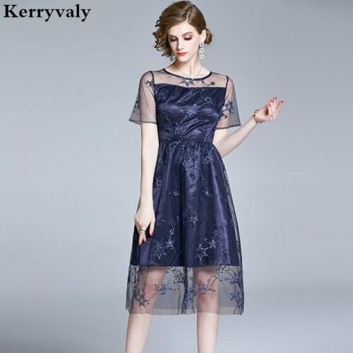 Ladies Stars Embroidered Perspective Gauze Summer Dress Ropa Mujer Verano 2021 Navy Blue Short Women Dress Ropa Mujer K6595