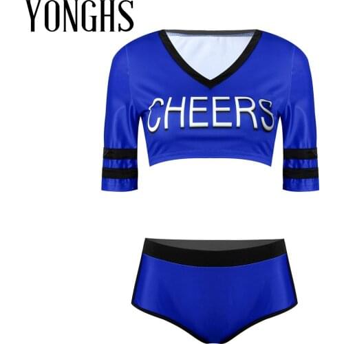 Lingerie Cheerleader Costume Suit Womens Letter Print Halloween Fancy Dress Up V Neck Short Sleeve Crop Top with Briefs Panties