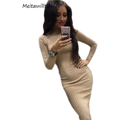 2018 Women Autumn Winter Sweater Dresses Robe Sexy Black Midi Sheath Slim Bodycon Dress Long Sleeve Elegant Package Hip Dress