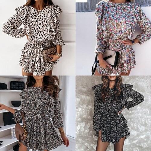 2021 autumn new temperament round neck floral lotus leaf sexy cake skirt dress