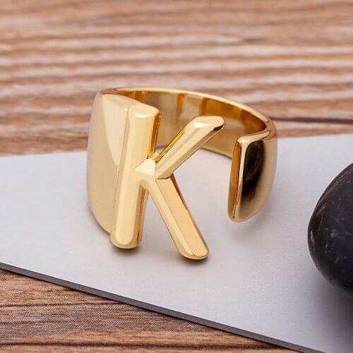 Gold Color Copper Wide Hollow A-Z Letter Rings Family Initials Name For Women Couple Adjustable Opening Ring Valentines Day