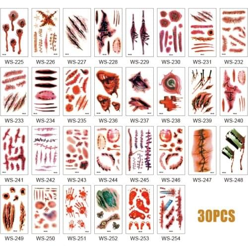 30 Sheet Halloween Tattoo Sticker Creepy Temporary Body Decal Masquerade Party Wound Scar Makeup Patch for Kids Adults JR Deals