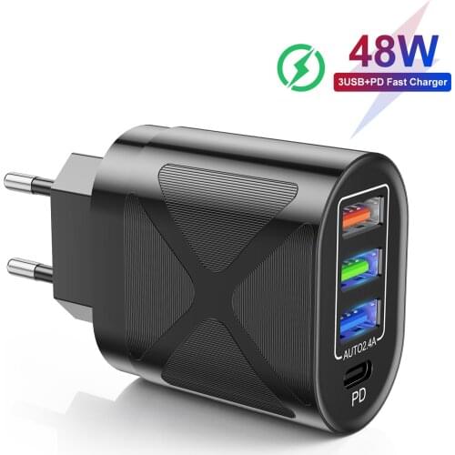 4Port 48W Type C PD Fast Charger USB For iPhone 12 Pro Max Quick Charge QC3.0 2.4A USB C Fast Charging Travel Wall For iPhone 11