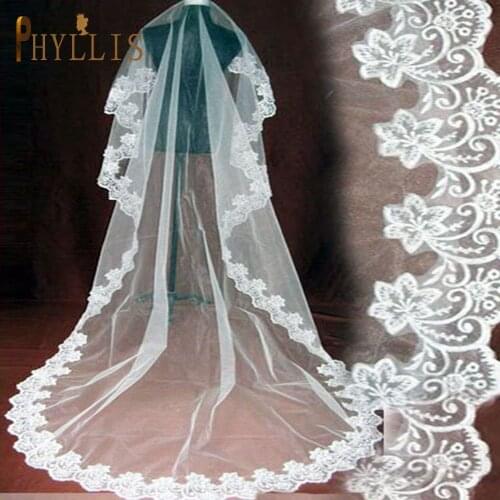 PHYLLIS B39 Wholesale Bridal Veil Women Cathedral Wedding Veil with Lace Edge Long Wedding Dress Veil White Ivory Veil no Comb