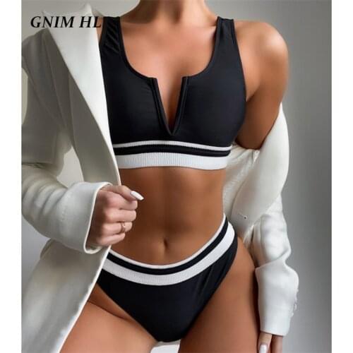 GNIM Sexy V Neck Bikini Swimwear Women 2021 Summer Black Swimsuit Female 2 Pieces Beachwear High Waist Swimming Suit Biquini New