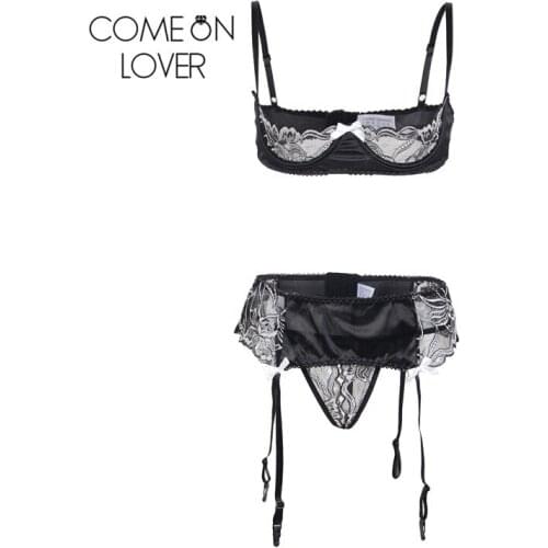 Comeonlover Erotic Lingerie Porno Costumes Plus Size Open Bra Erotic Lingerie Porno Costumes Satin Sexy Bra Garter Panties Set