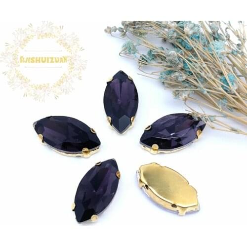 Classic style Deep Purple horse eye shape Glass Crystal sew on rhinestones with gold claw Diy shose accessories Free shipping