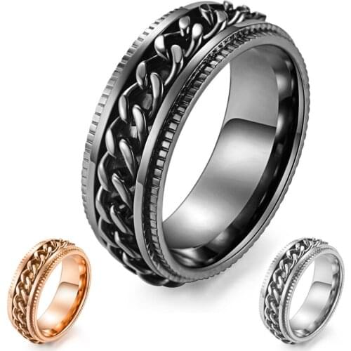 Black / Rose Gold / Silver Color Rotatable Chain Ring Titanium Spinner Ring for Men Party Accessories Male Unique Jewelry