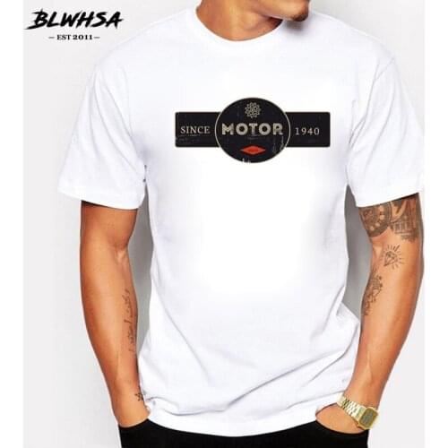 BLWHSA Summer New Brand Fashion Mens T Shirt Cotton Motorcycle Badge Printed T-shirt White Mens Hip Hop Tee Tops