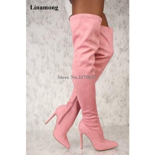 Fashion Women Classical Style Pointed Toe Thin Heel Over Knee Boots Pink White Grey Sexy Slim Long High Heel Boots Club Shoes