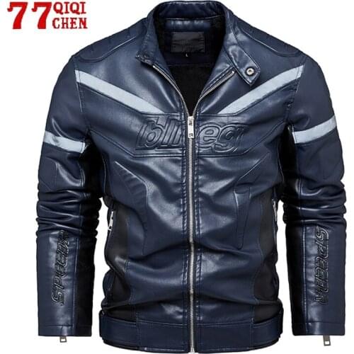 Mens Motorcycle Leather Jacket Reflective Strip Autumn Winter Fleece Coat Male Casual Stand Collar Slim Jackets for Men Black