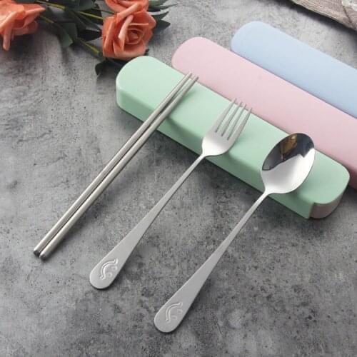 New Simple Stainless Steel Tableware Three-Piece Portable Student Smiley Face Fork Spoon Chopsticks Set