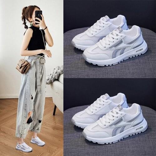 2021 New Women Casual Sport Shoes Girl Street Leather Mesh Patchwork Stripe Comfortable Sneakers All Seasons Trainers 3 Colors