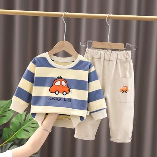 2021 Autumn Baby Girls Boys Stripe Cartoon Long Sleeve T Shirt Pants Children Casual Clothes Kids Outfit Infant Clothing Sets