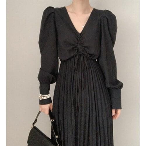 Korean Style Puff Sleeve High Waist Pleated Dress Solid Color V-neck Drawstring Vestidos Mid-length A-line Women Dresses