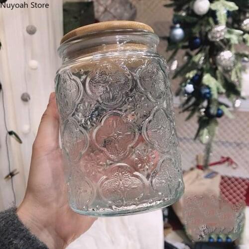 Retro Embossed Storage Tank Kitchen Storage Tank Sealed Glass Jar 700ml Tea Can with Lid Simple Kitchen Supplies Grain Dispenser
