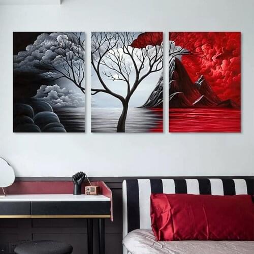 Canvas Print HD Print Canvas Painting 3 Union Cloud Tree Red And White Cumulus Clouds Pasted On The Wall Living Room Decoration