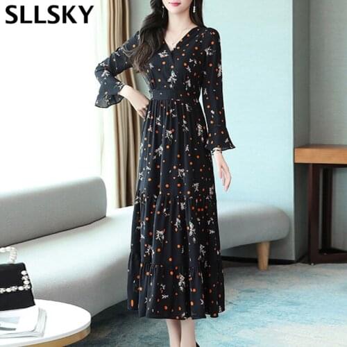 Sllsky Spring Floral Print chiffon dress Long flare sleeve High elastic waist V-neck Mid-calf dress Slim Feminine Fashion dress