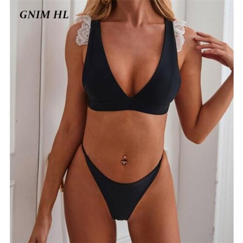 Sexy Lace Bikini Set 2021 Summer New Style Solid Swimwear Women 2 Pieces Halter Beachwear High Cut Brazilian Swimsuit Biquini