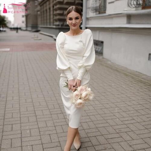 Tea Length Wedding Dresses Lantern Sleeve Backless Mermaid Bridal Gowns Fashion Engagement Dancing Dress ZW444